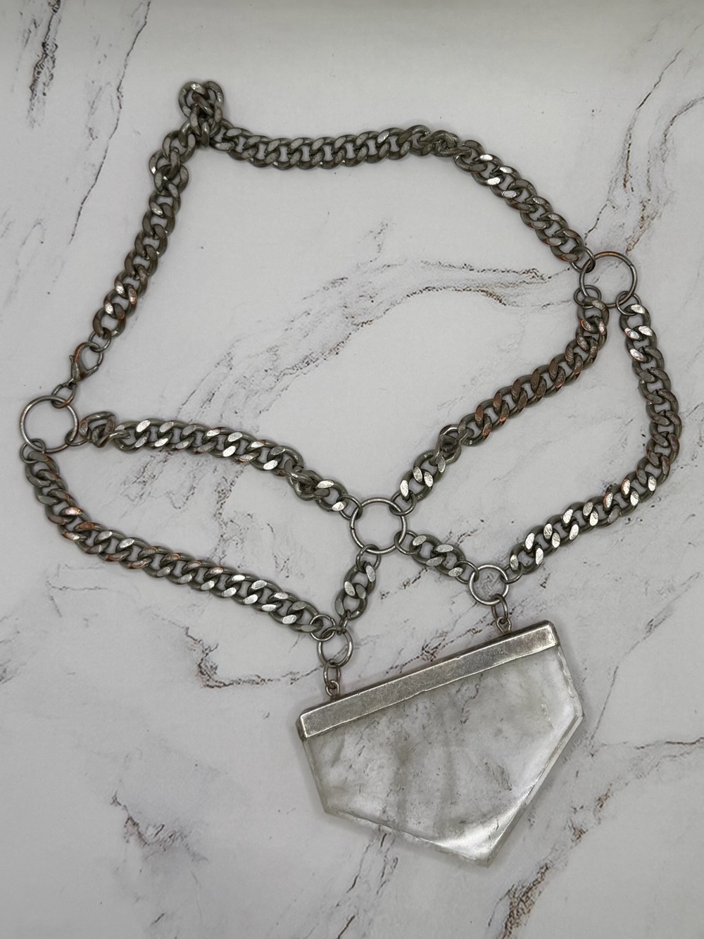 BCP Clear Quartz Statement Necklace Chunky Chain Handmade OOAK Pendant